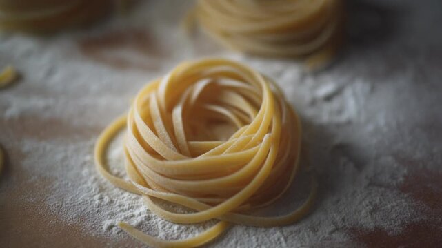 Close up uncooked pasta nests on flour dusted surface with yellow pasta and white flour highlighting texture in bright food macro scene