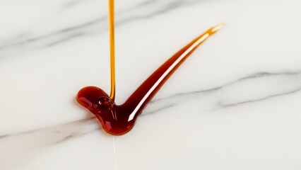 Sweet Caramel Syrup Drizzled into a Checkmark Shape on White Marble Surface.