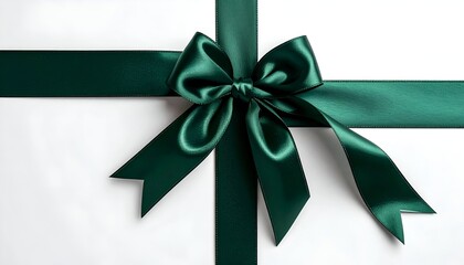 Close-up of a satin emerald bow atop white surface with crossing ribbons, elegant