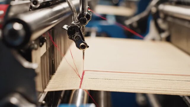 Industrial sewing machine using red thread in production photography