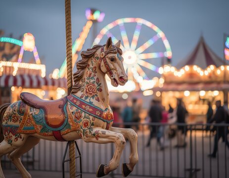 Vintage carousel horse at a carnival setting