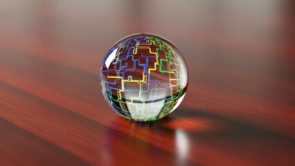 Abstract Digital Circuitry Reflected in a Transparent Sphere.