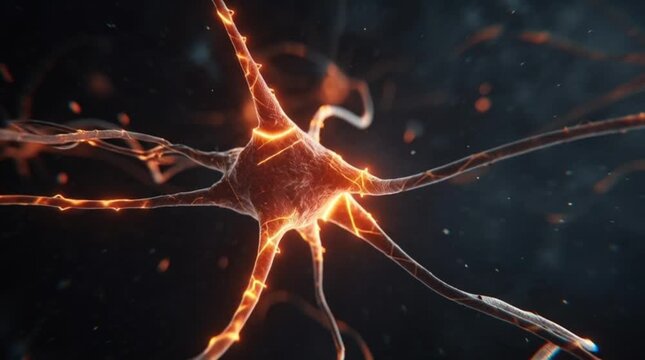 Close-up of a glowing, interconnected human neuron with electrical impulses traveling through its synapses