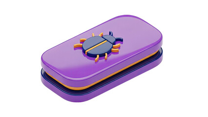 3D bug icon on a purple button on transparent background