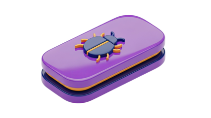 3D bug icon on a purple button on transparent background