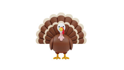 3D Cute cartoon turkey with fanned out tail feathers on transparent background