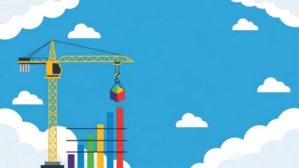 Construction crane building a colorful bar chart in the sky.