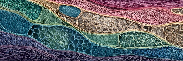 Microscopic View of Colorful Cell Structures Showcasing Intricate Designs and Diverse Textures Observed in Biological Specimens