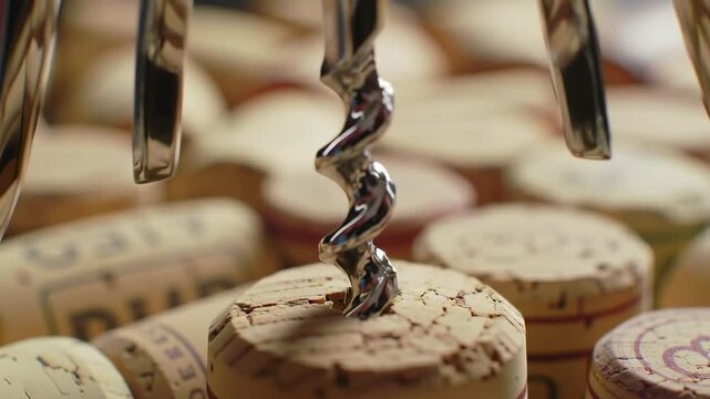 A corkscrew piercing a wine cork, surrounded by others, close up shot