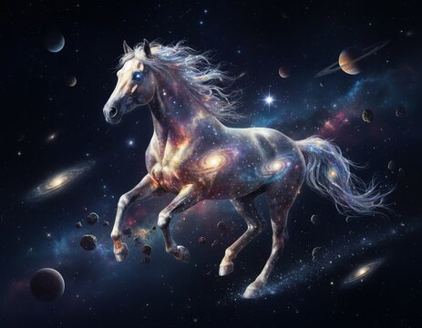 A majestic horse galloping through a cosmic space.