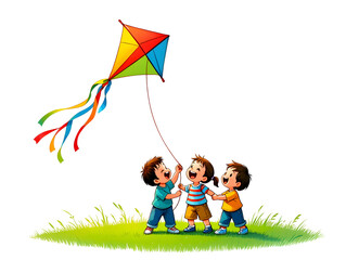 Children flying kite isolated on transparent background