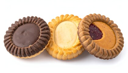 Close-up of three different shortbread cookies with various fillings, isolated on white