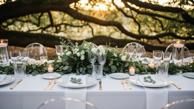 Elegant outdoor wedding reception table setting with white roses, greenery, and lit candles. Romantic dinner under a large oak tree with fairy lights in a vineyard at sunset. Sophisticated decor.