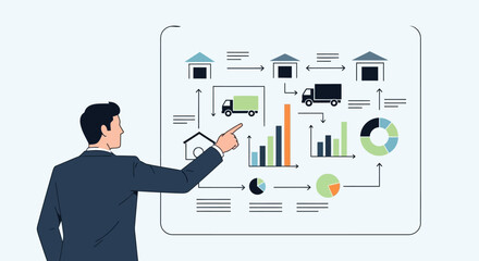 Businessman pointing at a digital dashboard displaying logistics and supply chain analytics with charts and icons.