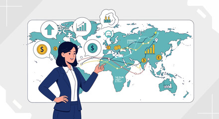 A businesswoman points to a world map illustrating global economic growth and trade routes with various financial icons.