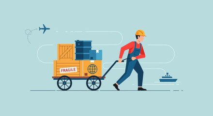 A logistics worker pushes a cart filled with boxes and packages, symbolizing global shipping and delivery services.