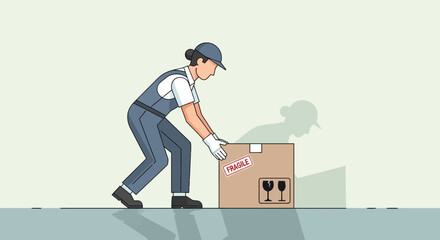 A person in work clothes carefully pushes a fragile box with handling symbols.