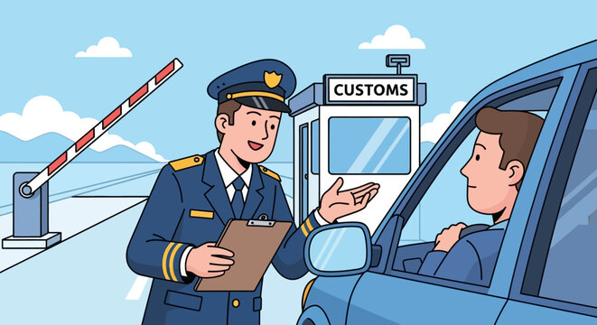 A customs officer in uniform is speaking to a driver at a border crossing checkpoint.