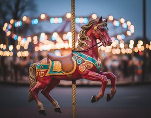 Colorful carousel horse with vibrant lights.