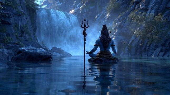 A powerful deity meditates peacefully in a pristine mountain lake, surrounded by a majestic waterfall and ancient peaks, embodying spiritual tranquility and divine connection