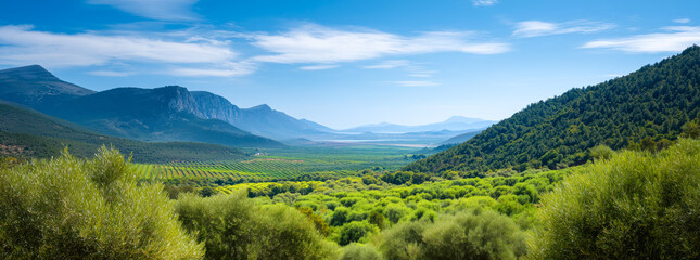 Vibrant green valley with distant mountains under a clear sky