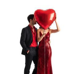 Couple with heartshaped balloon in formal attire on transparent background