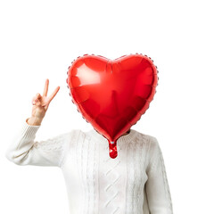 Person holding red heart balloon with peace sign isolated on transparent background