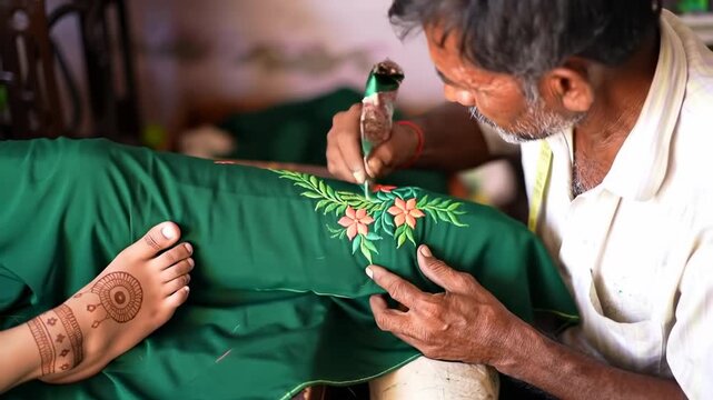 A craftsman embellishes fabric with floral designs, a foot with henna visible