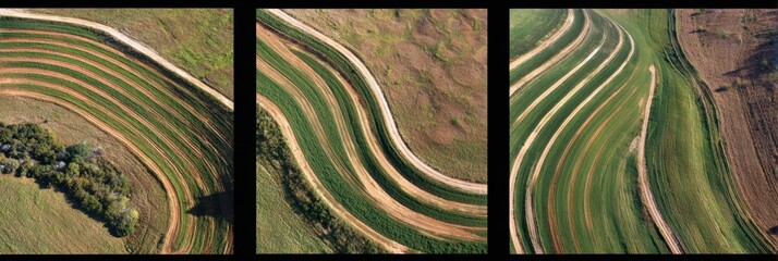 Beautiful Aerial View of Rolling Farmland With Vibrant Green Crop Patterns Across Three Sections During Sunny Daylight Hours
