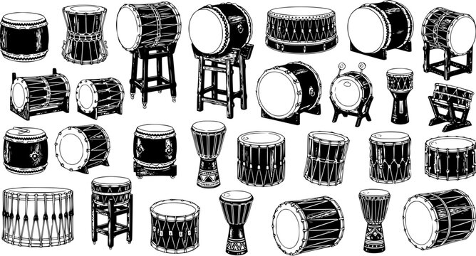 Black and White Line Art Illustration of Various Drums and Percussion Instruments