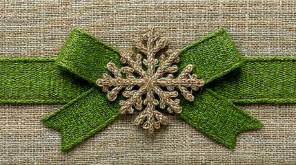 Decorative green ribbon with a silver snowflake embellishment on textured fabric.