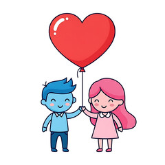 Boy and girl holding a heartshaped balloon together isolated on transparent background
