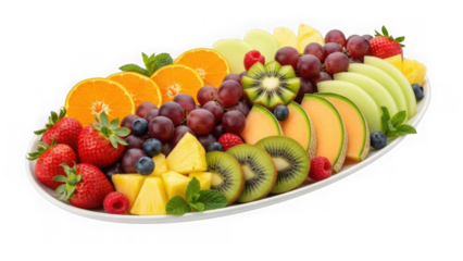 Colorful fresh fruit platter with assorted slices and berries isolated on transparent background