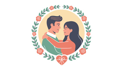 Obraz premium A romantic illustration of a loving couple embracing within a floral wreath, with a heart-shaped gift below, symbolizing love and affection.