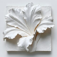 Abstract minimalist sculptural relief of a single white lily blossom, pure white plaster, geometric petal forms, no stem or leaves, isolated floral essence, sculptural purity, soft side lighting,