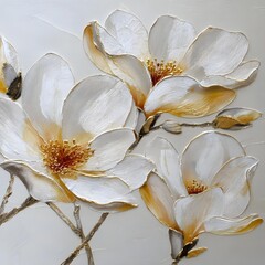 3D textured painting of white magnolia flowers on canvas, with a white background. The painting is elegant and detailed, with soft lighting and intricate details. The color palette features