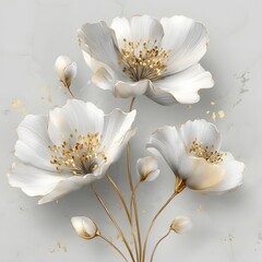 3d white flower painting, white and gold background, ultra-high definition details