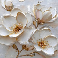 3D textured painting of white magnolia flowers on canvas, with a white background. The painting is elegant and detailed, with soft lighting and intricate details. The color palette features