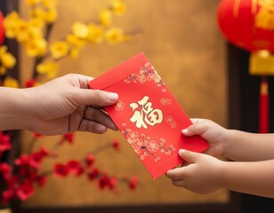 Hands exchanging a red envelope during celebration.