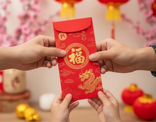 Hands exchanging a red envelope with blessings.