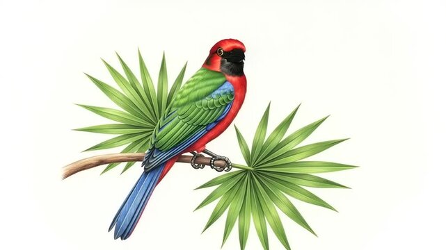 Colorful bird perched on palm leaves in serene setting