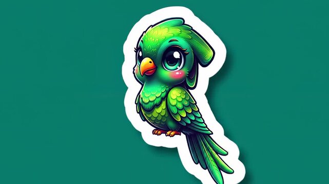 A cute, cartoonish green parrot with big eyes, sticker style