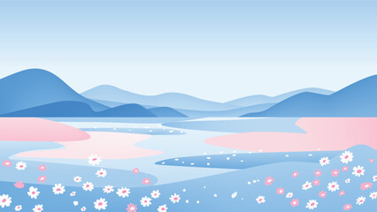 Minimalist meadow landscape with rolling blue mountains, a field, and a foreground of white and pink flowers under a soft, clear sky