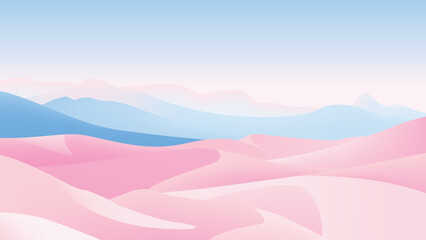 Minimalist badlands landscape with rolling pink dunes and layered blue mountains. A soft, dreamlike landscape under a serene, pale sky © momosama