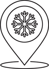 Minimalist black and white line art vector of a map pin location icon containing a symmetrical snowflake, representing winter destinations, cold climates, or seasonal holiday locations.