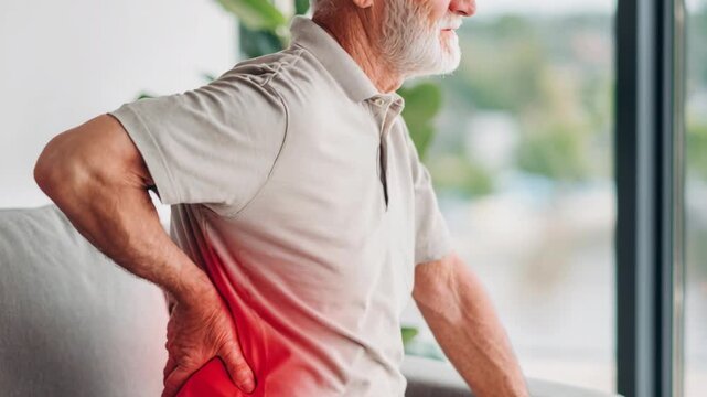 Elderly man sitting on a couch with his hand on his lower back, experiencing pain, highlighted in red.