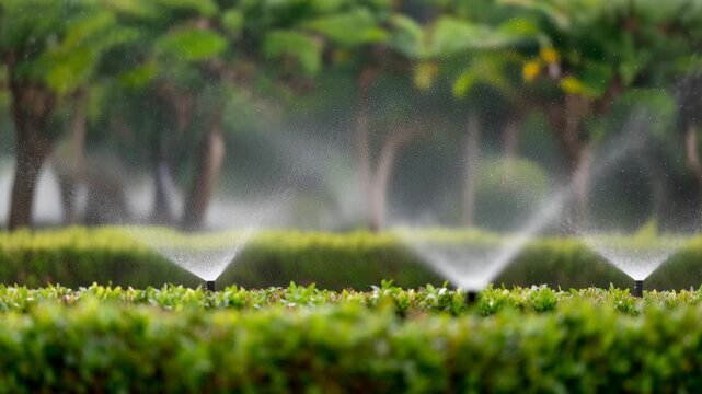 An automatic sprinkler system irrigates a lush green hedge with fine water droplets against a soft background.