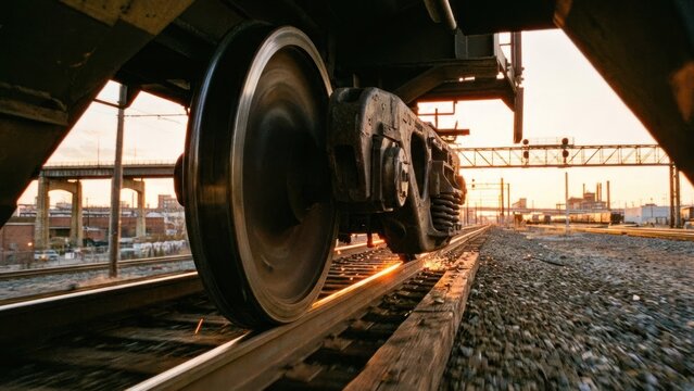 Inside view of train wheel on rail at sunset showing industrial transport and mechanical engineering