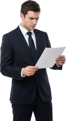 A serious young Caucasian businessman in a dark navy suit and tie is intently reading a document held in his hands with a furrowed brow and concentrated expression Focused
