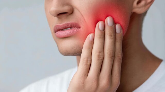 A close-up shot of a person grimacing in pain, holding their jaw where there is a red glow indicating discomfort.